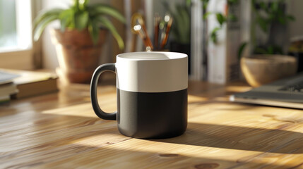 Personalized mug on a modern desk setup, clean background with soft lighting, perfect for productivity themes