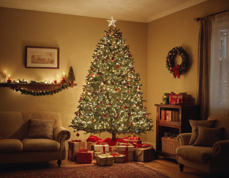 living room with christmas tree