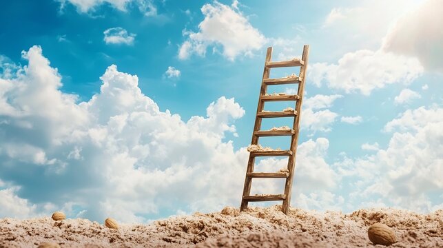 A broken ladder reaching halfway to the sky with the top pieces scattered on the ground symbolizing the fragility of plans and the unrealized goals