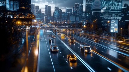 Futuristic autonomous vehicles in a modern transportation hub downtown cityscape nighttime urban environment