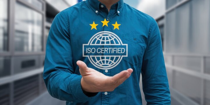 Man displays ISO certification symbol three stars