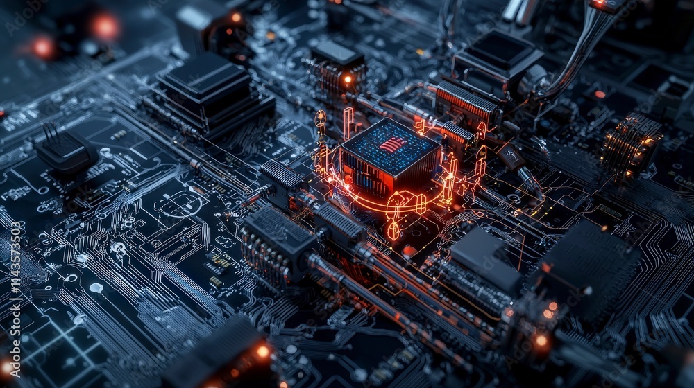 Poster exploring innovative technological connections in digital circuitry for future electronic environmen