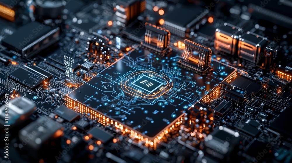 Poster Action-packed concept of a connected world through technology digital circuit board high-tech environment close-up view