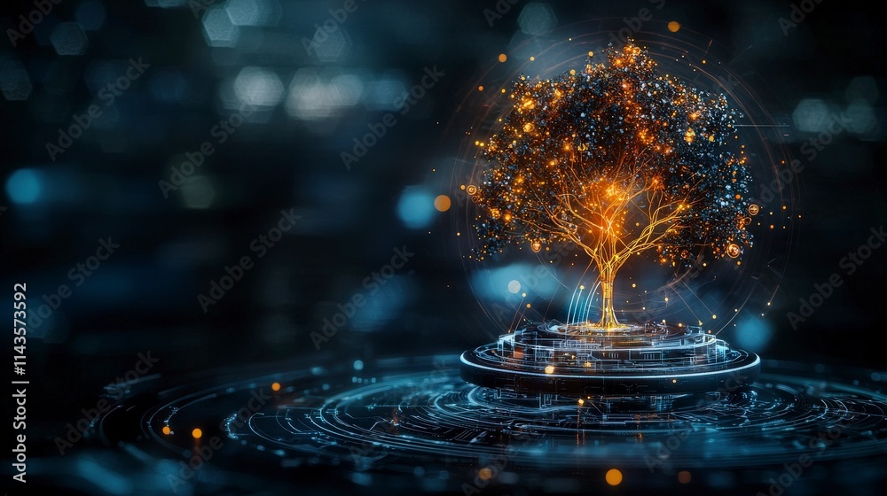Poster innovation ecosystem conceptual tree growth digital environment abstract art tech visualization futu