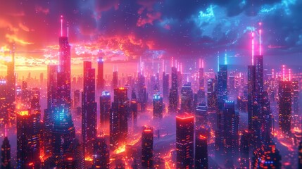 Fototapeta premium Neon lights illuminate a futuristic cityscape at dusk. AI generative. .
