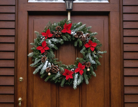 Festive holiday wreath adorned with red bow and ornaments hanging on a wooden door during. AI Generative