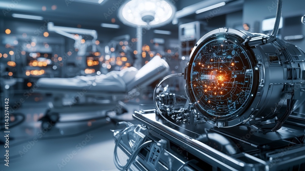 Poster revolutionizing patient care high-tech digital interfaces and clean environments in futuristic healt
