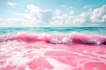 Fototapeta premium Pink Wave Beach and Teal Ocean Under Partly Cloudy Sky