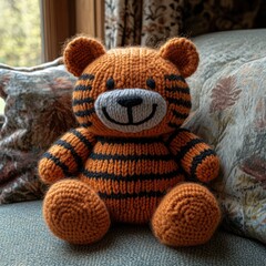 A knitted orange and black striped teddy bear with a smiling face.