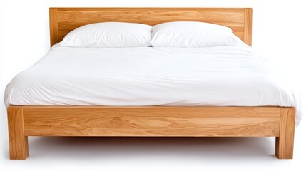 A simple wooden bed frame with a white mattress and pillows, exuding a clean, minimalist aesthetic.