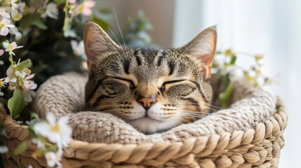 Tabby cat sleeping peacefully in woven basket with soft lining