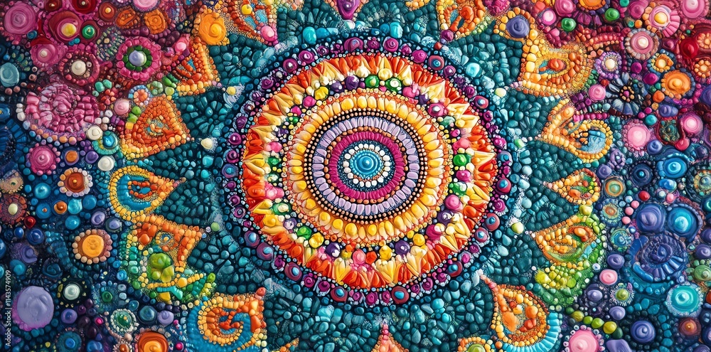 Poster a vibrant mandala design featuring colorful patterns and textures.