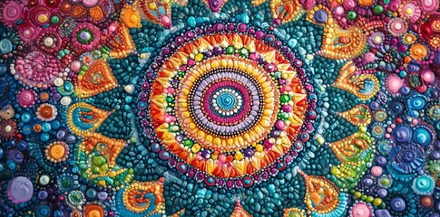 A vibrant mandala design featuring colorful patterns and textures.