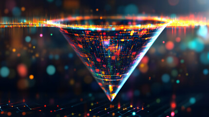 Abstract data funnel visualization with vibrant colors and glowing particles.
