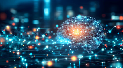 Abstract digital brain over city lights.