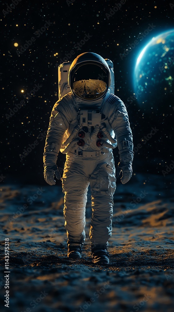 Poster an astronaut walking on the moon with earth visible in the background.