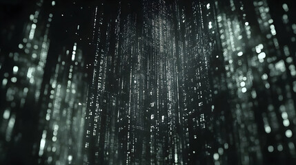 Abstract digital data stream, falling binary code, glowing particles, futuristic technology background.