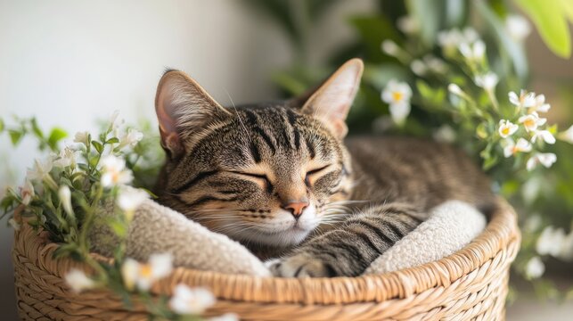 Contented tabby cat sleeping in basket with white flower - Powered by Adobe