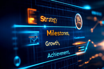 Obraz premium A digital interface showcasing key business concepts: Strategy, Milestones, Growth, and Achievement, with a modern, tech-inspired design.