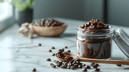 Artisanal Coffee Beans and Grounds in Rustic Setting