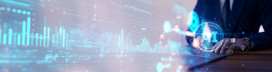 A businessman uses AI technology with digital data and advanced analytics, showcasing AI's role in driving innovation and boosting business efficiency.