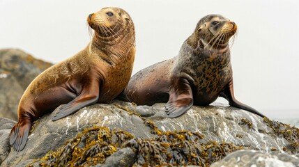 Two sea lions basking on a rocky shore covered in seaweed. AI generative. .