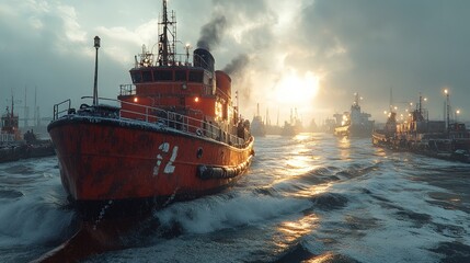 Obraz premium Rusty tugboat sails past industrial harbor at sunset.