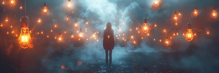 A lone figure stands in the center of a foggy alleyway, surrounded by hanging light bulbs. AI generative. .