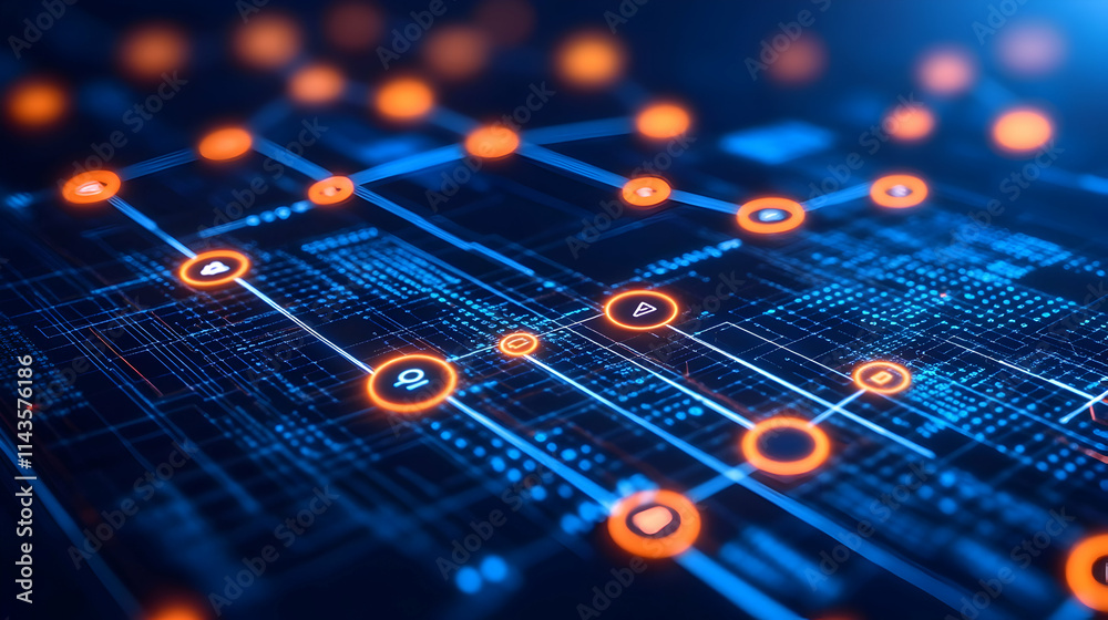 Poster abstract digital network connection with glowing nodes and lines.