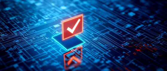 A digital checkmark icon over a circuit board background, symbolizing approval, verification, or successful completion in a tech environment.