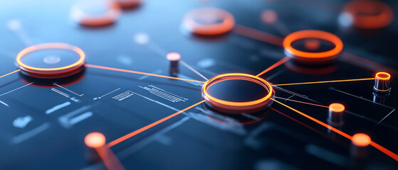 A close-up view of a digital network graphic featuring interconnected nodes and circuits, highlighted with orange accents on a dark background.