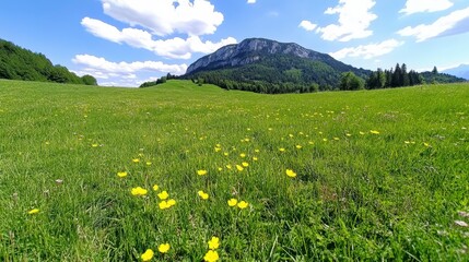 Fototapeta premium A vibrant green meadow dotted with yellow flowers, framed by a majestic mountain under a blue sky with fluffy clouds.