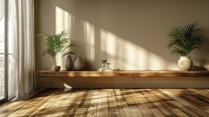 Sunlight streams through a window onto a wood floor with two potted plants and vases on a shelf. AI generative. .