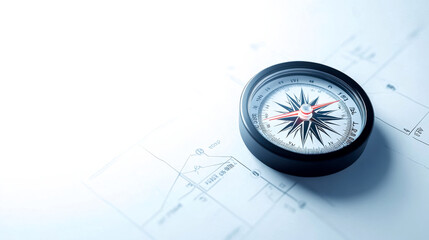 A close-up of a compass resting on a blueprint, symbolizing navigation, direction, and exploration in design or planning.