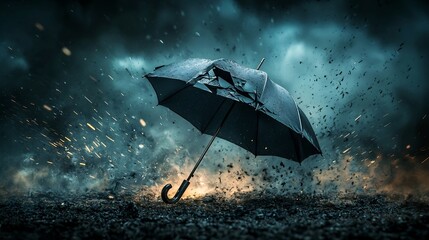Battered umbrella struggling to stand tall amidst a relentless storm representing the human spirit s resilience and the ability to find hope in the face of adversity and vulnerability