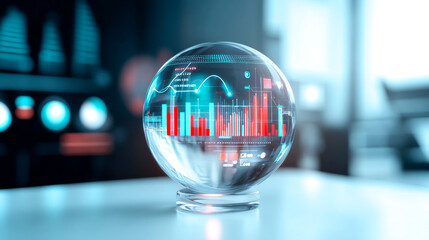 A futuristic glass globe displays digital data visualizations, showcasing graphs and analytics in a modern, tech-inspired setting.