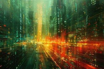 Abstract city lights with green and red lines against a dark backdrop. AI generative. .