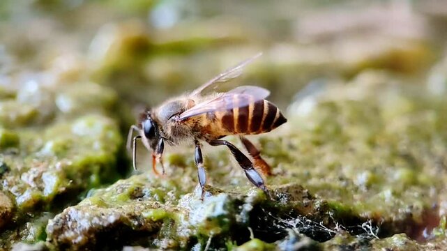 A honey bee was perched on the wet moss to collect nectar