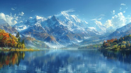 Fototapeta premium Snow capped mountains reflect in a still blue lake, surrounded by trees. AI generative. .