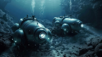 Scientists experimenting with underwater sound communication, high-tech equipment, mysterious vibe