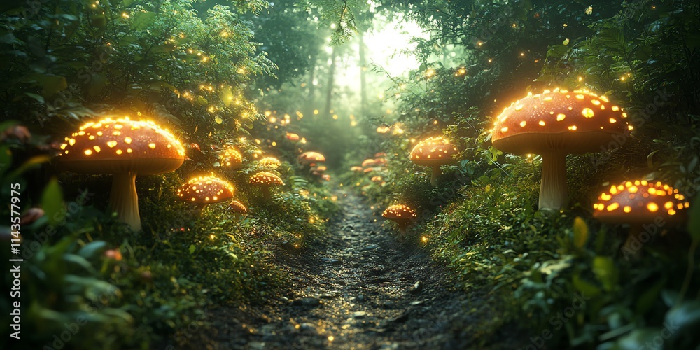 Poster enchanted forest path illuminated by glowing mushrooms amidst lush greenery.