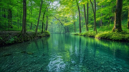 Fototapeta premium A calm, clear river flows through a lush green forest. AI generative. .