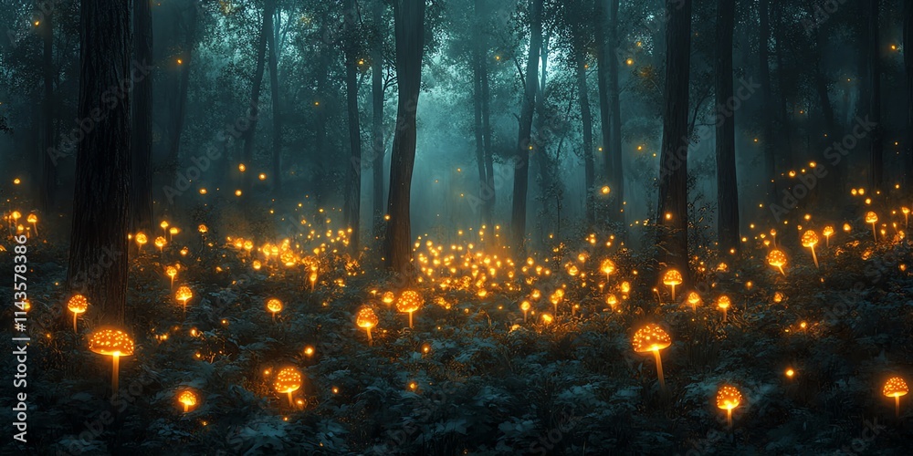 Aufkleber a mystical forest illuminated by glowing flowers, creating an enchanting atmosphere.