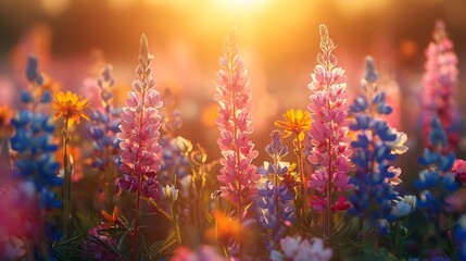 Obraz premium Wildflowers in a meadow at sunset, macro shot with shallow depth of field. Abstract summer nature background. 