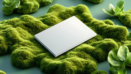 Blank brochure mockup on mossy surface, green background, nature scene, eco-friendly design.
