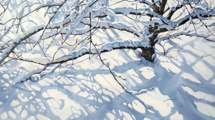 Obraz premium Shadows from snowy branches over fresh snow, intricate patterns under winter light