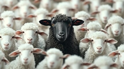 Obraz premium A lone black sheep standing proudly amidst a sea of identical white sheep symbolizing the power of individuality nonconformity and the courage to stand out from the crowd