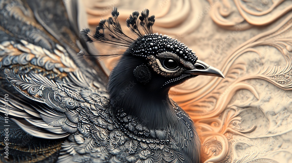 Poster a detailed, artistic depiction of a peacock with intricate textures and patterns.