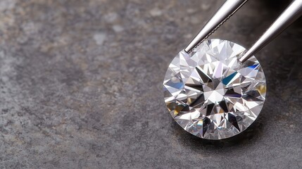 Tweezers hold a round-cut diamond. Close-up of a sparkling diamond on a gray surface.