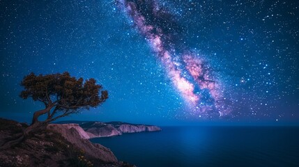 Silhouetted tree on a rocky cliff overlooking a calm ocean with the Milky Way in the night sky. AI generative. .